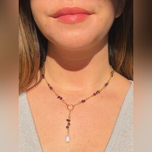 Anthropologie Gold and Purple Necklace with Pearl Drop